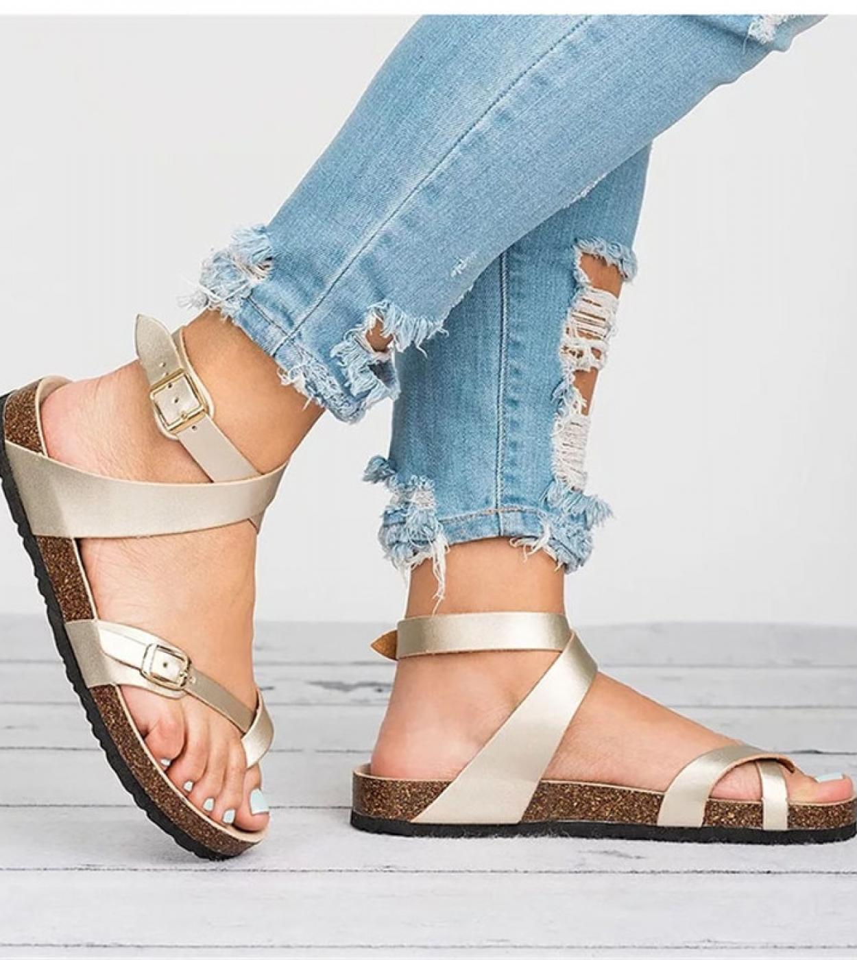 Summer Women Thong Sandals Gladiator Cross Ankle Strap Sandals Platform Metal Buckle Flats Ladies Beach Shoes Plus Sizel