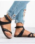 Summer Women Thong Sandals Gladiator Cross Ankle Strap Sandals Platform Metal Buckle Flats Ladies Beach Shoes Plus Sizel