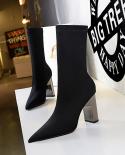 Metal Heel Boots Sock Women  Stretch  Party Thick Heel Ankle Booties Female Winter Pointed Toe Boots Shoes Plus Sizeankl