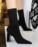 Metal Heel Boots Sock Women  Stretch  Party Thick Heel Ankle Booties Female Winter Pointed Toe Boots Shoes Plus Sizeankl