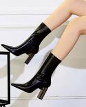Bigtree  Pu Leather Ankle Boots For Women Black Slim Stretch  Sock Boots Women Winter Plush Warm High Heels Women Bootsa