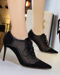  New Fashion Women 85cm Pencil High Heels Khaki Pumps Lace Up Mesh Pumps Pointed Toe Flock Red Pumps Ladies  Club Shoes
