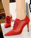  New Fashion Women 85cm Pencil High Heels Khaki Pumps Lace Up Mesh Pumps Pointed Toe Flock Red Pumps Ladies  Club Shoes