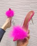 Luxury Furry Slide Sandals Shoes Woman  Summer Fluffy Fur High Heels Peep Toe Pumps Women High Heel Female  Wedding Shoe