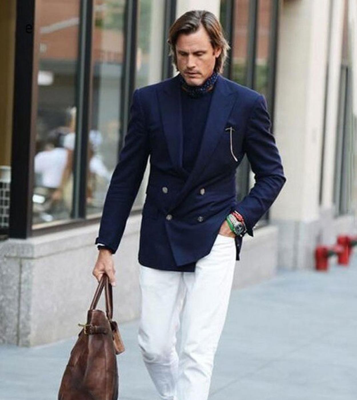 Blazer azul marino con botonadura para hombre, pantalones blancos, ajustados, de calle, informales, trajes de n