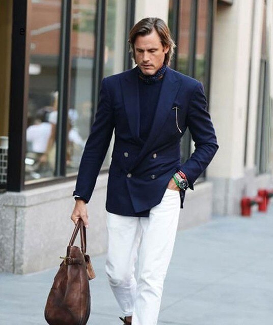US 75.76 Navy Blue Double Breasted Male Blazer White Pants Slim Fit Street Smart Casual Business Suits Groom Tuxedos Wedding Prom Description