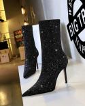 Bigtree Women High Heels Sequins Cloth Ankle Boots Rhinestones High Heels Shoes Woman Pointed Toe  Ladies Shoesankle Boo