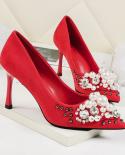  New Spring Women Pumps High Thin Heel Pointed Toe Pearl Bridal Wedding Women Shoes Black  Ladies Party High Heelswomen