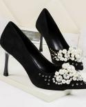  New Spring Women Pumps High Thin Heel Pointed Toe Pearl Bridal Wedding Women Shoes Black  Ladies Party High Heelswomen