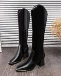 Brand Design  Mid Calf Boots Women Metallic Chunky High Heels Long Boots Female Large Size 41 Slim Autumn Winter Shoes