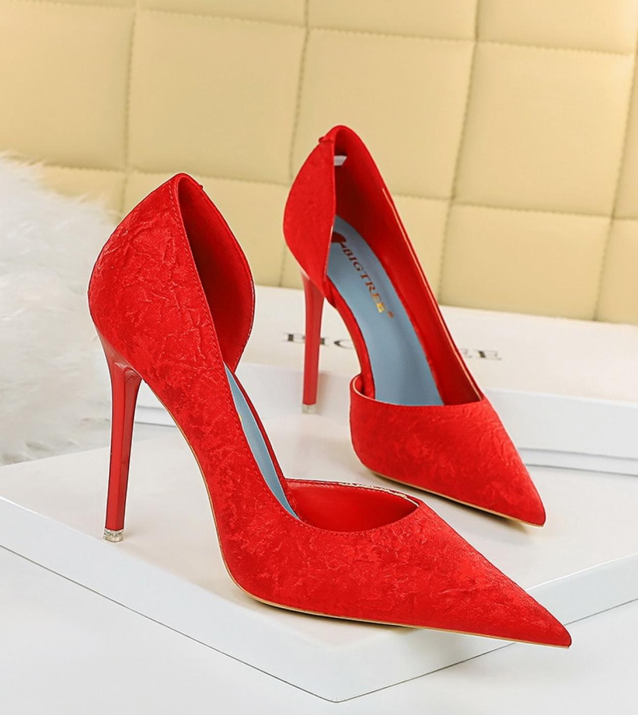 Bigtree Pumps Big34 43 Woman Shoes  Side Hollow Flock High Heels Women Pumps Red Green Shoes Ladies Office Shoes Pointed
