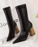 2022 Spring Autumn New Fashion  Wood Grain Heel Pu Women Ankle Boots Pointed Toe Boots  High Heels Shoesankle Boots