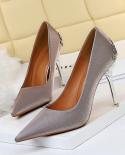 Bigtree  Women Shoes Pointed Toe Pumps Dress Shoes 10cm Thin High Heels Boat Shoes Flock Frosted Metal Hollow Wedding Sh