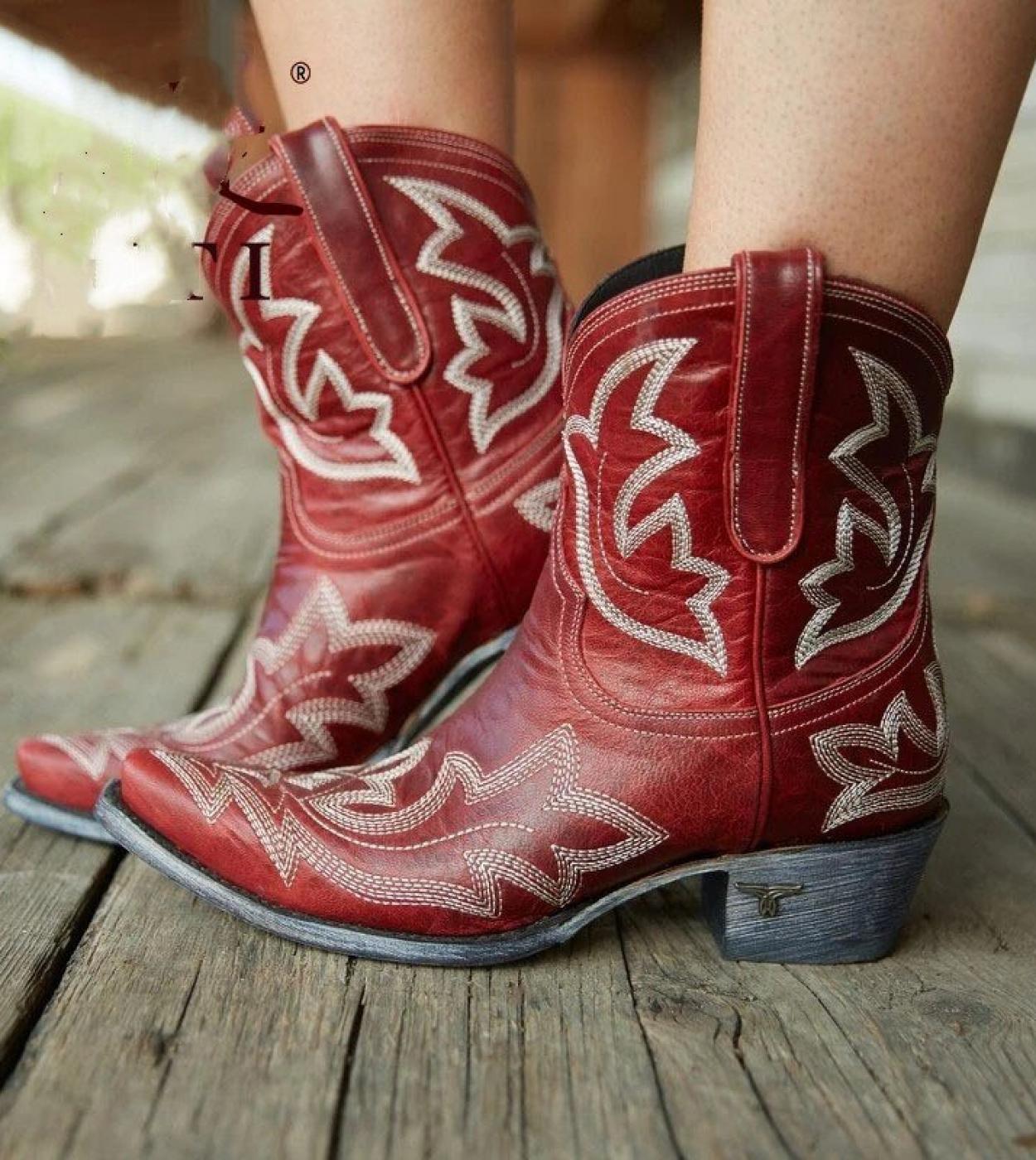  Classic Embroidered Western Cowboy Boots For Women Leather Cowgirl Boots Low Heels Shoes Knee High Woman Bootsankle Boo