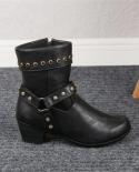  Women Boots Autumn Winter Woman Mid Calf Pu Leather Round Toe Women Shoes Low Heel Rivet Cool Motorcycle Bootsankle Boo