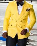 Yellow Double Breasted Prom Suits For Men Casual Wedding Slim Fit 2 Piece Custom Groom Tuxedos Set Jacket With Black Pan