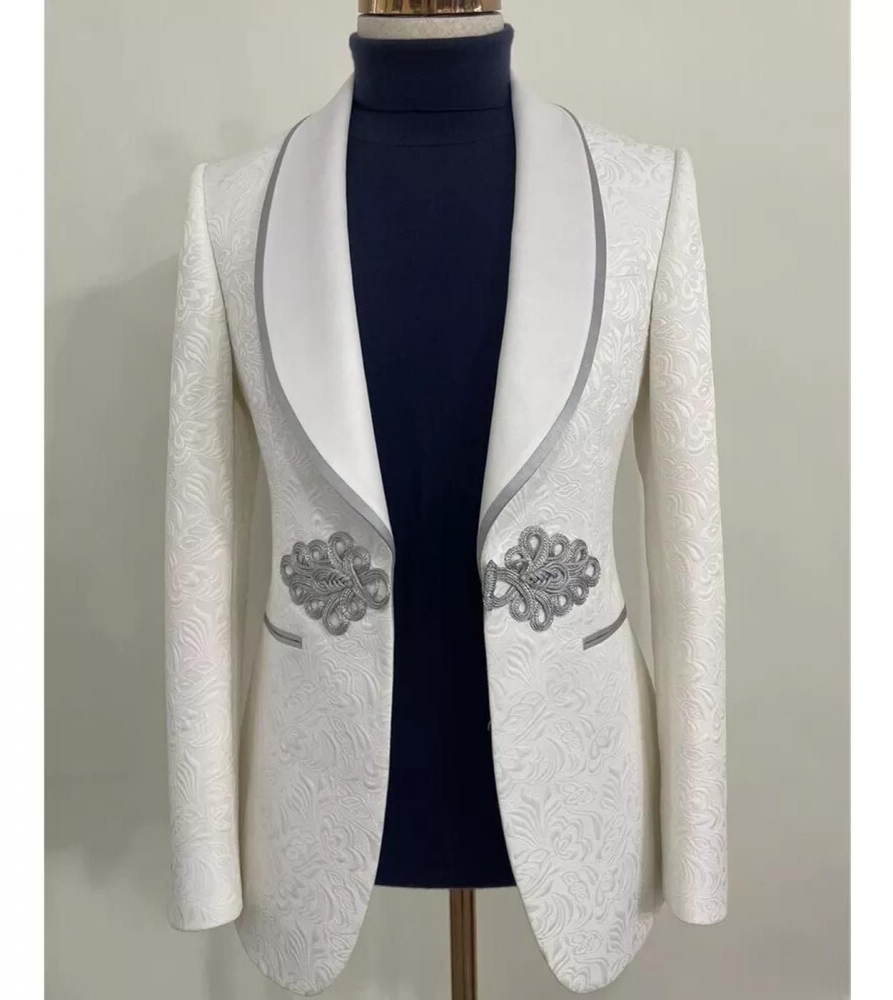White Jacquard Men Suits Wedding Groom Prom Slim Fit One Button Tuxedo Custome Homme Dress Blazer Sets 2 Pieces Men Clot