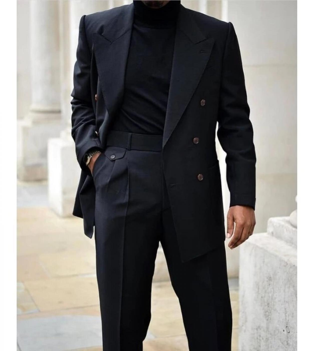 Black Peak Lapel Men Suits Casual Prom Blazer Costume Homme Marriage Terno Masculino Groom Blazer Wedding 2 Pcsjacketp