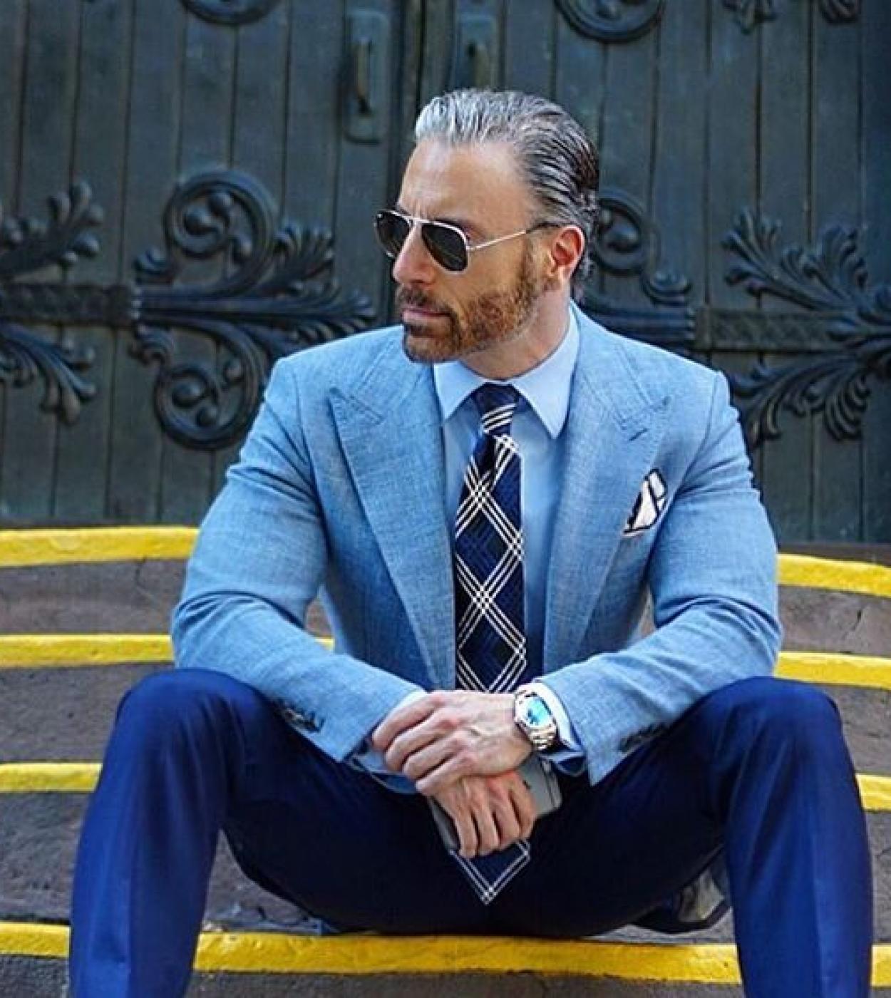 Light blue blazer with navy pants sales