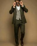 Olive Green Men Suits Set Grey Vest Young Man Notched Lapel Three Pieces Slim Suits For Men Formal Men Suits Jacketvest