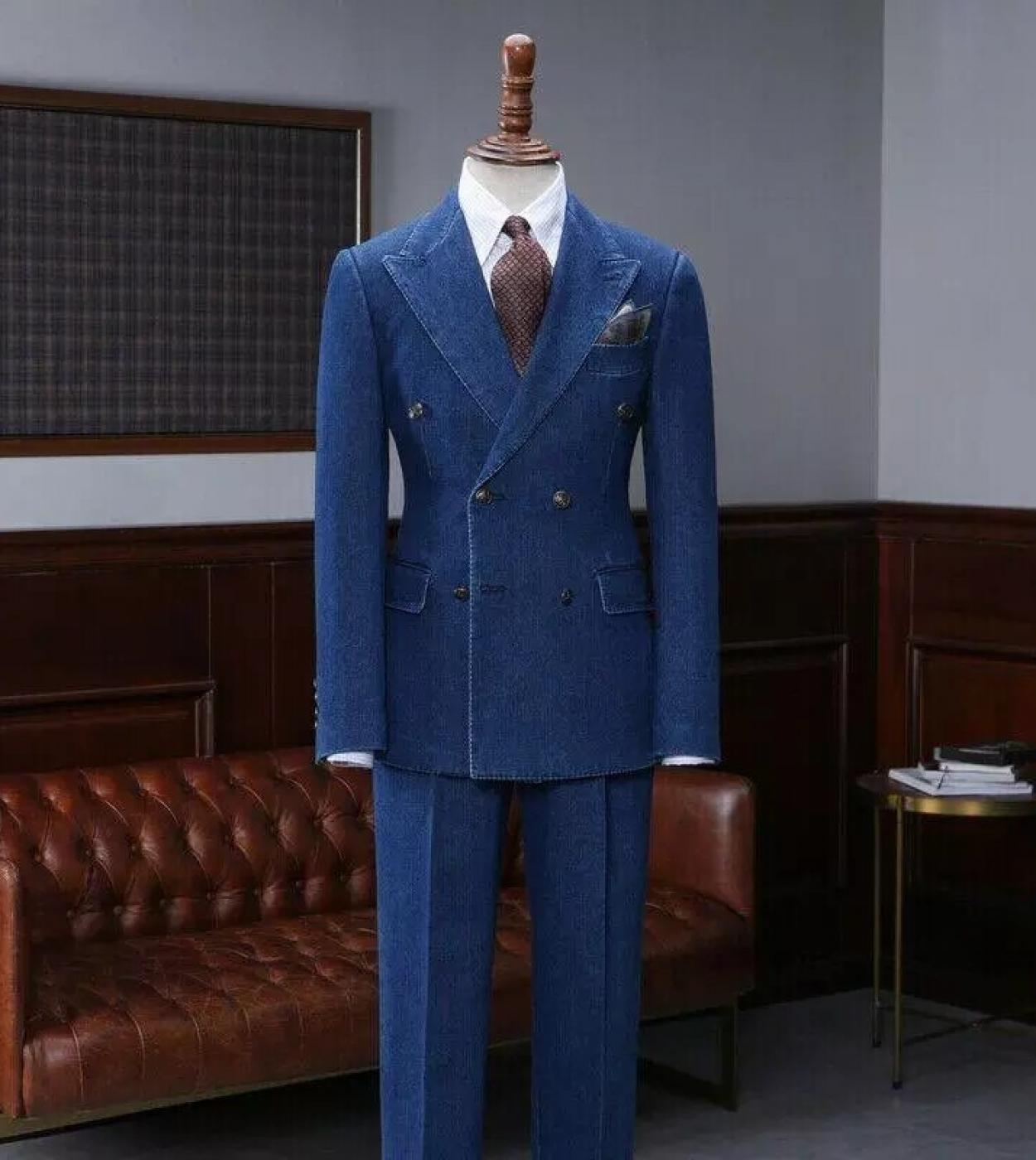Casual Blue Denim Oxford Men Suits Costume Homme Fashion Wedding Prom Terno Masculino Slim Fit Groom Blazer 2 Pcsjacket