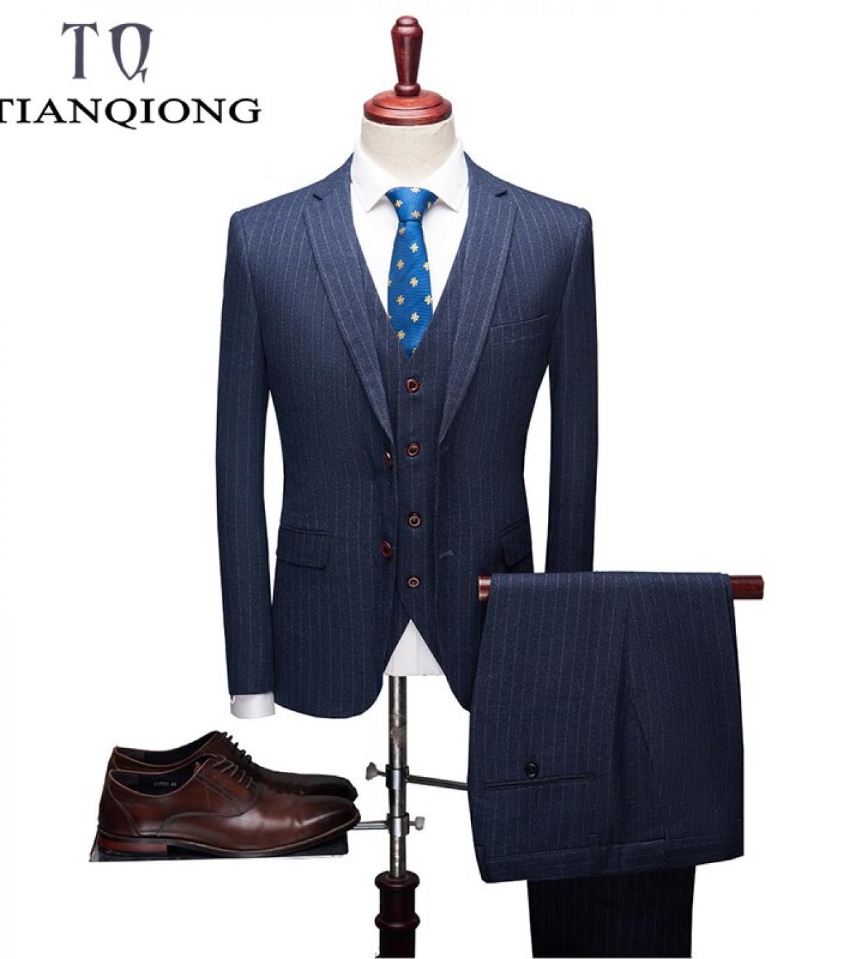 Tian Qiong Brand Striped Suit Gary Blue Wedding Suits For Men 3 Pieces Terno Masculino Slim Fit 3xl 4xl Costume Homme Ma