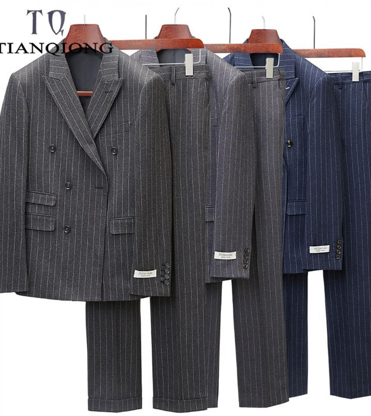  New Arrival Suit Man Wedding Luxury Brand Dark Grey Light Khaki Stripe Suit Slim Fit Three Piece Veste Homme Mariagesui