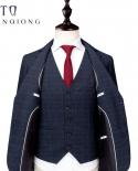  Jacket  Vest  Pants   New Mens Casual Three Piece Suit Business Wedding Dress Fashion Plaid Navy Gary Slim Suit Co