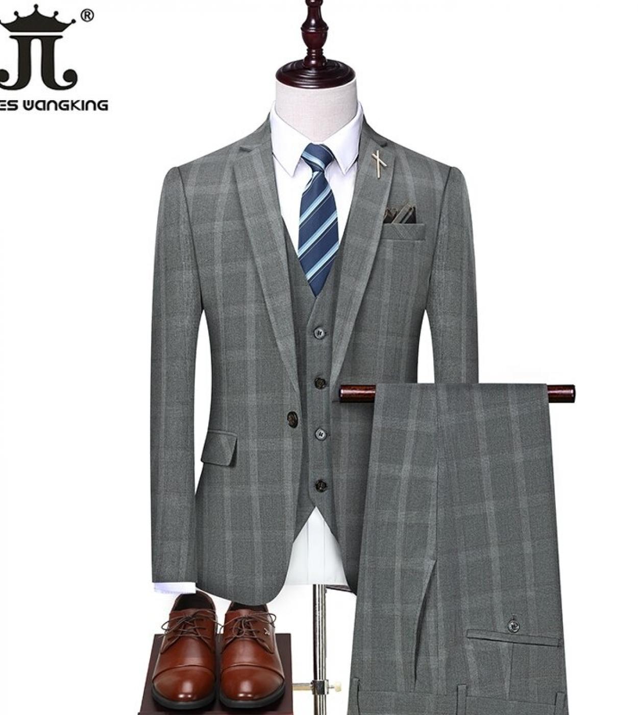  Blazer  Vest  Pants  Boutique Fashion Mens Classic Plaid Casual Business Suit High End Formal Suit 3pcs Set Groom W