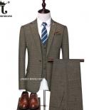  Blazer  Vest  Pants  Boutique Fashion Mens Classic Plaid Casual Business Suit High End Formal Suit 3pcs Set Groom W