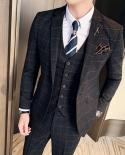 7xl  Blazer  Waistcoat  Pants  Striped Plaid Solid Color Mens Formal Business Suit 3pce Set Groom Wedding Social Sho