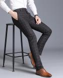 Formal Office Business Straight Casual Slim Fashion Plaid Mens Suit Patns High End Brand Groom Wedding Dress Male Trouse