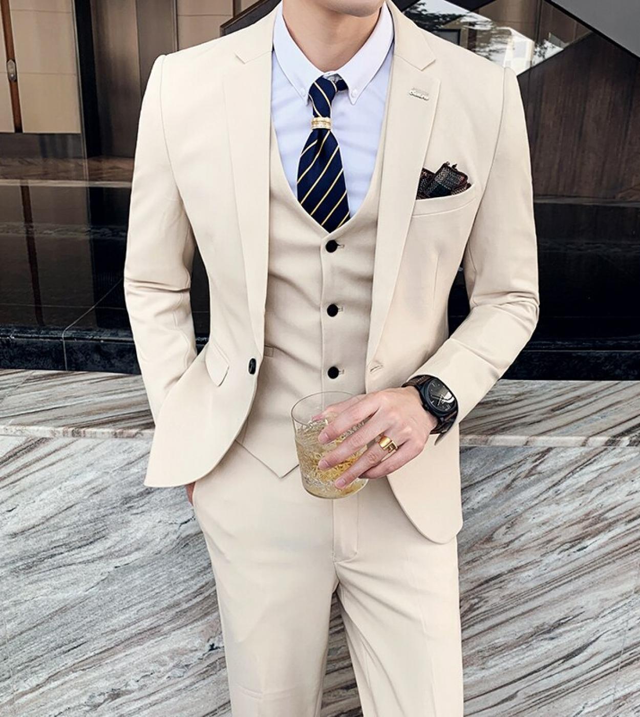 7xl  Blazer  Vest  Pants  Brand Mens Formal Business Suit Three Piece Set Groom Wedding Party Dress Solid Color Pla