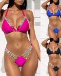 Swimwear Women Solid Pink Diamond Rhinestone Bikini Set  Push Up Bandage Bathing Suit Thong Swimsuit Biquini 2023 L5