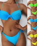 Women  Halter Solid Color Bikini Bra Set Pushup Padded Bandage Swimwear Swimsuit Bathing Beach Twopiece Suits 2022 L5  T