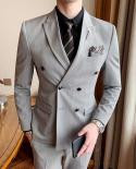 Jacket Vest Pants  Highend Brand Formal Business Striped Doublebreasted Mens Threepiece Suit Groom Wedding Dress Party