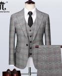   Blazer  Vest  Pants  High End Brand Gray Plaid Mens Formal Business Office Suit Three Piece Groom Wedding Dress Pa