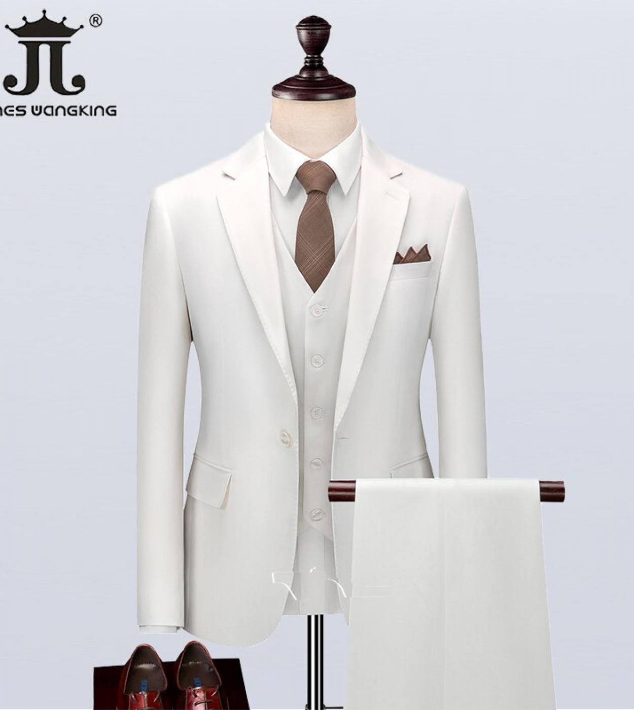  בלייזר  גופיה  מכנסיים  בוטיק צבע אחיד חליפת גברים שמלת כלה חתן חזה יחיד לבן 3 יחידות עבודה עסקית