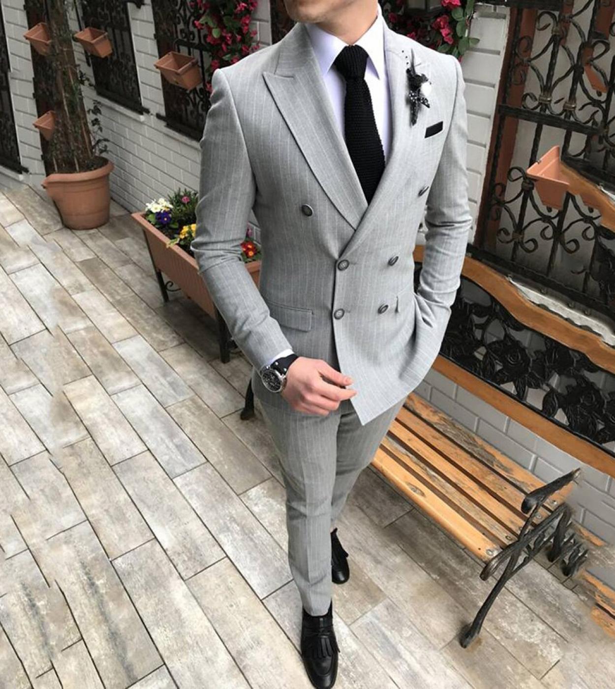 Tailor Made Striped Formal Mens Suits Slim Fit Double Breasted Groomsmen Business Wedding Suits For Men 2 Pieces blazer