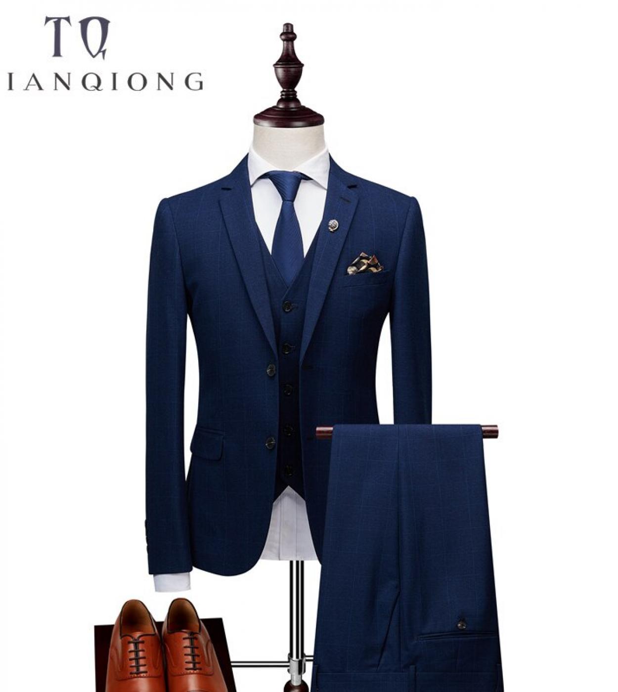 Brand Men 3 Piece Suit Jacket Pant Vest   Men Business Slim Suits Sets Wedding Dress Mens Plaid Suits Formal Wear Qt160