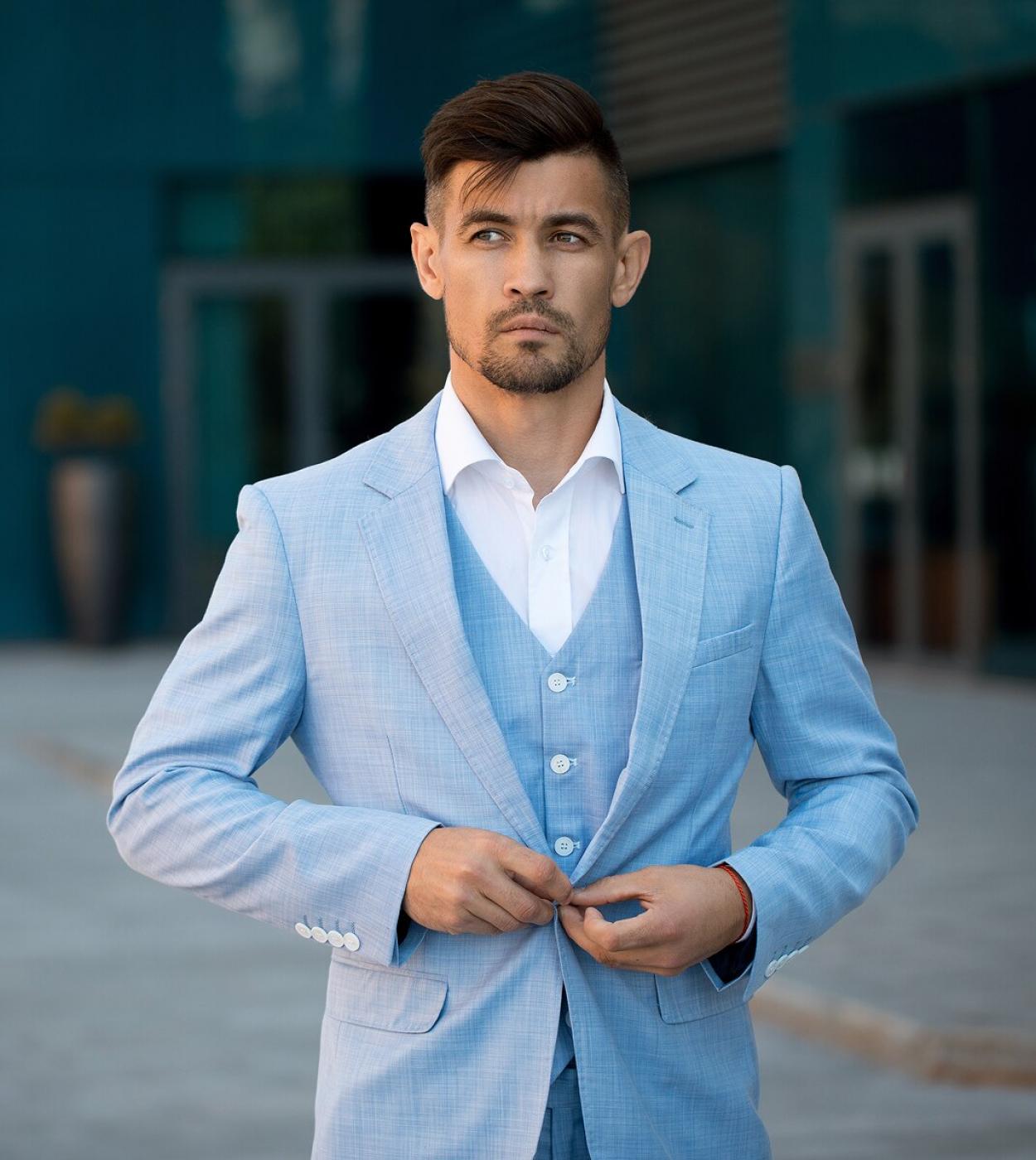 Tian Qiong 100 Polyester Sky Blue Suit Men Slim Fit Leisure Business Wedding Dress Suits For Men Terno Masculino Tuxedo