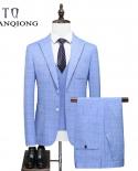 Último abrigo chaleco pantalón diseños marca azul rayas boda trajes moda hombres Slim Fit Formal traje masculino 3 piezas Formal