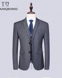 Men Grey Striped Suit Slim Fit Vertical Stripes Suits Blazer Vest Pants For Tuexdos Dress Suits Groom Wedding Jacket Coa