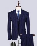 Men Grey Striped Suit Slim Fit Vertical Stripes Suits Blazer Vest Pants For Tuexdos Dress Suits Groom Wedding Jacket Coa