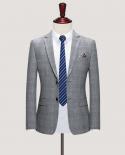  Mens Boutique Suit Slim Fit Wedding Suits Grey Plaid Men High Quality Wedding Business Formal Suits Elegant Two Piece 