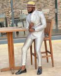 Silver White Fiber Wedding Man Suits Antibacterial Fabric Double Breasted Mens Blazer Luxury Elegant Jacket Sets 2 Piec