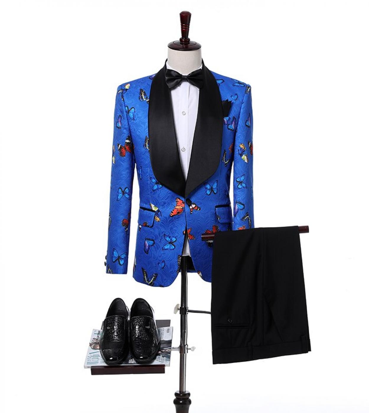 Costume Homme Butterfly Pattern Mens Suits Groom Tuxedos Groomsmen Wedding Party Dinner Men Suits Costume Homme 2 Piece