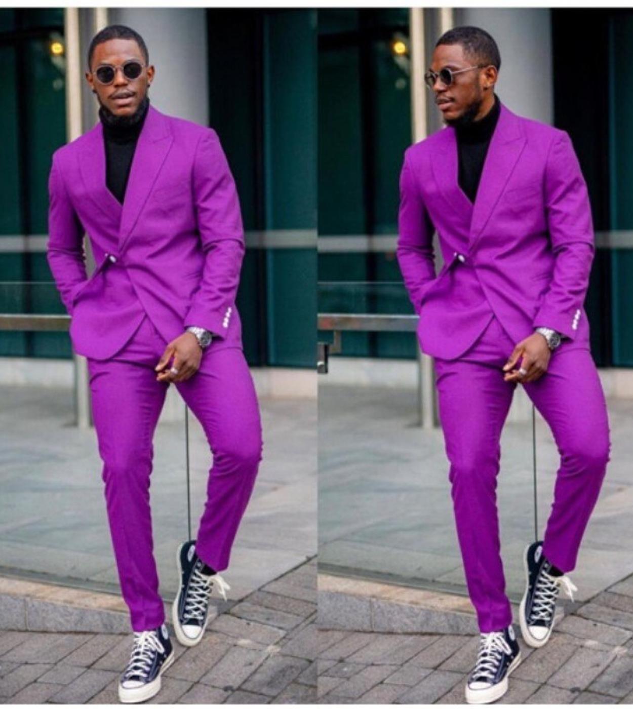 US 75.68 Casual Purple Men Suits With Belt Slim Fit 2 Pieces