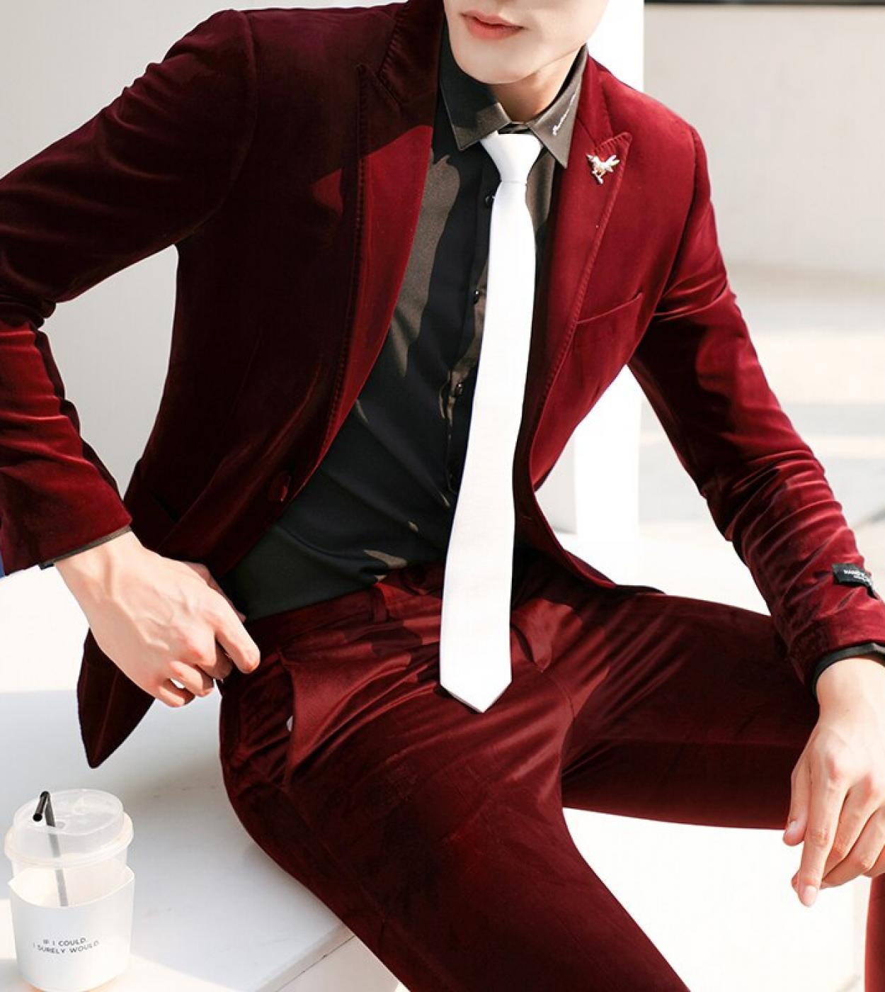 Fahrenheit formar deuda US$80.92-Fashion Burgundy Velvet Peak Lapel Suits Man Groom Tuxedo Costume  Homme Ropa Hombre 2 Pcs Jacket Pants Terno Masculino B-Description