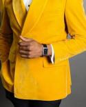 Yellow Velvet 2 Piece Prom Men Suits With Double Breasted  Shawl Lapel Custom Wedding Groom Tuxedos Man Fashion Clothess